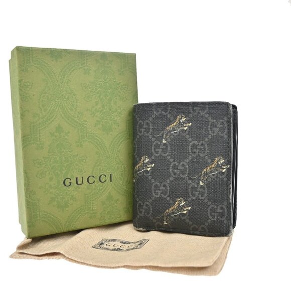 GUCCI Logo GG Pattern Tiger Bifold Wallet Purse Supreme Leather Black - Picture 1 of 5